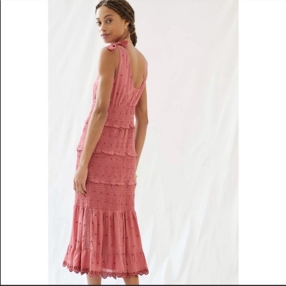 ANTHROPOLOGIE Forever That Girl Embroidered Midi Dress Floral Smocked Tired L - Picture 4 of 14